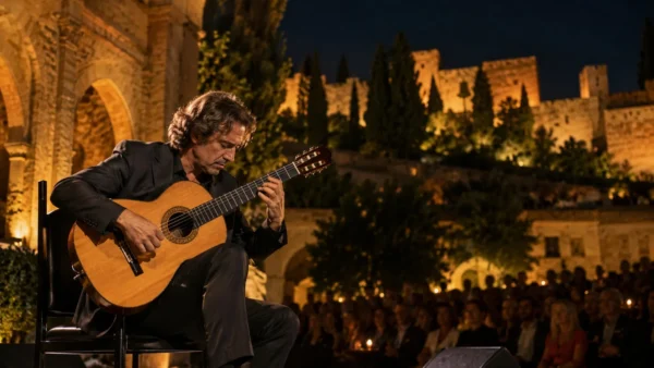 Guitarrista en concierto nocturno en Málaga para el Festival Internacional de Guitarra Pepe Romero 2026