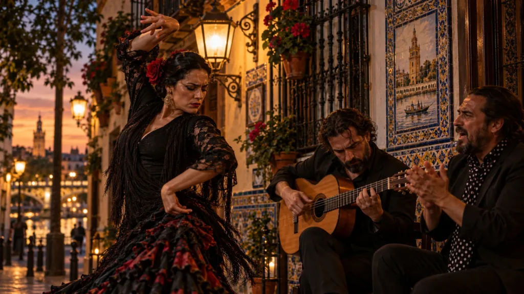 Bailaora flamenca acompañada por guitarra y palmas en Triana, Sevilla