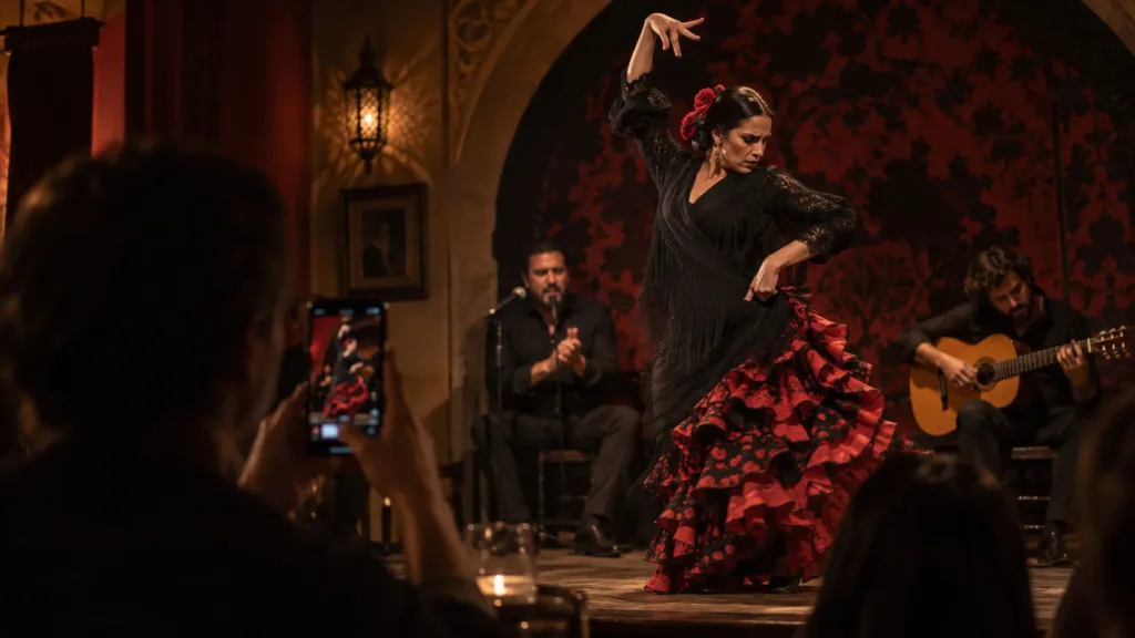 Spettatore che registra discretamente una ballerina di flamenco durante uno spettacolo in un tablao
